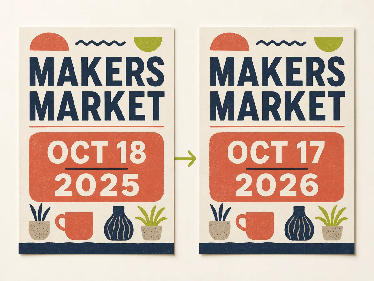 Before and after event posters with the visible date changed from October 18 2025 to October 17 2026