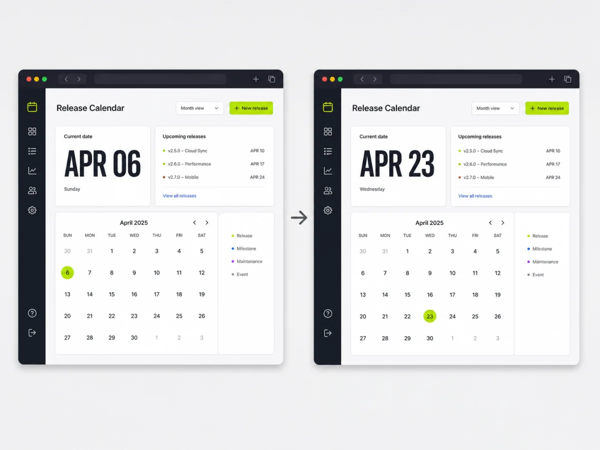 Before and after product calendar screenshots with a visible date changed from April 6 to April 23