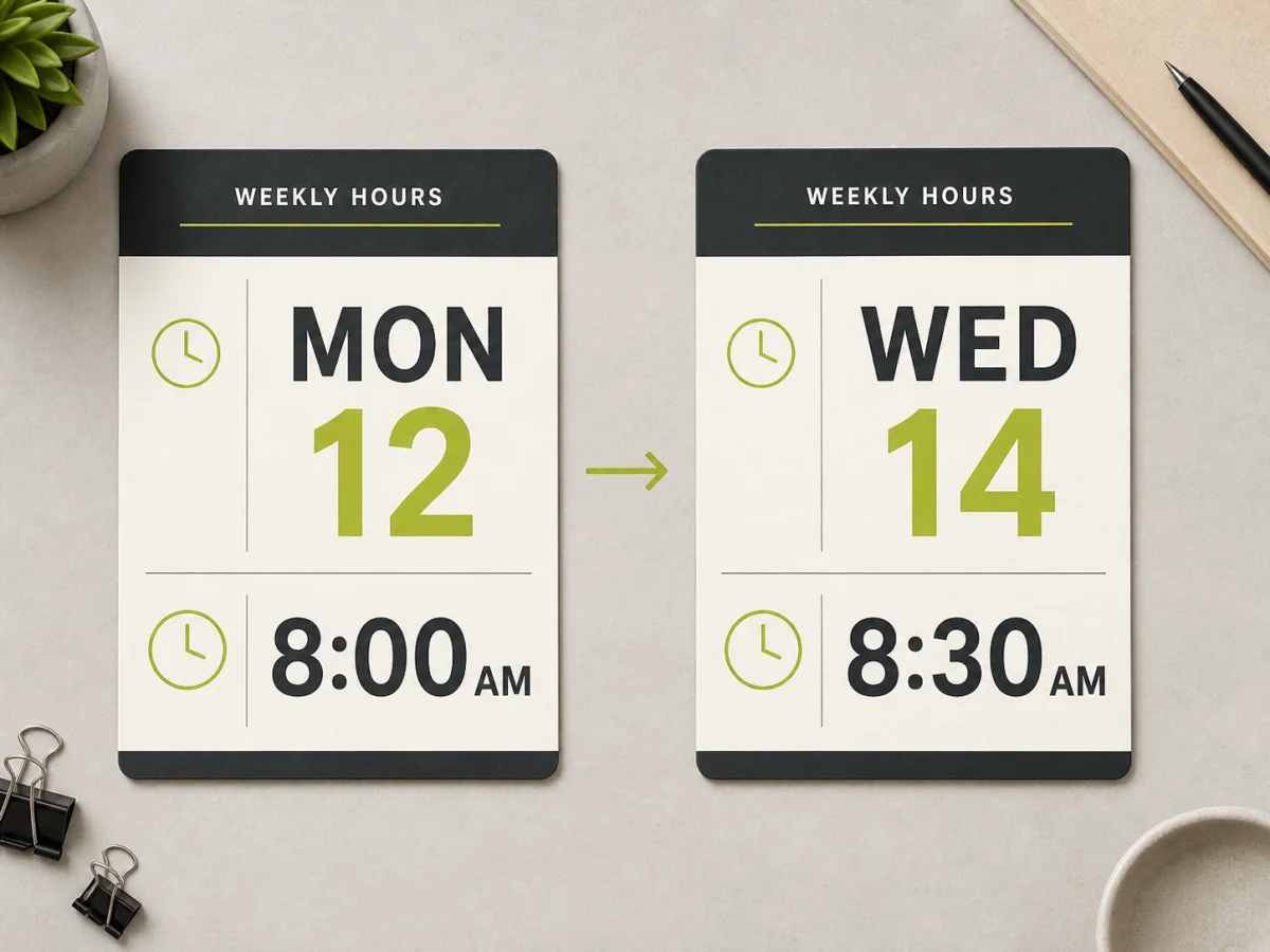 Before and after weekly schedule cards with the visible day and time updated