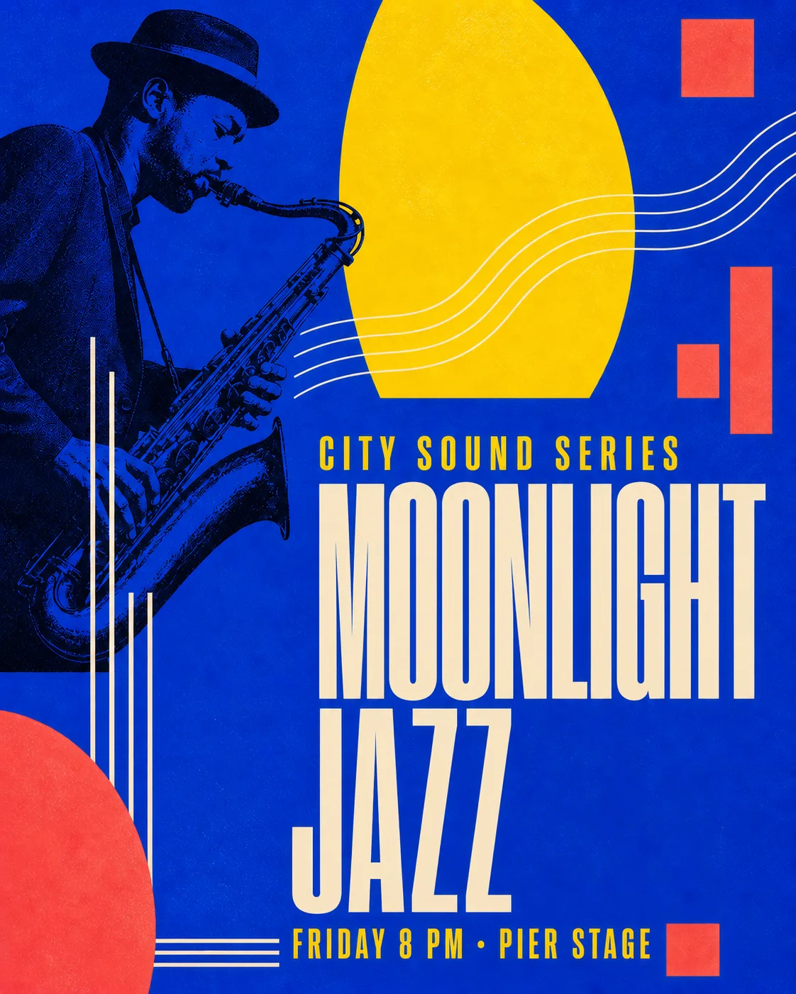Jazz event poster reading Moonlight Jazz with matching headline styling